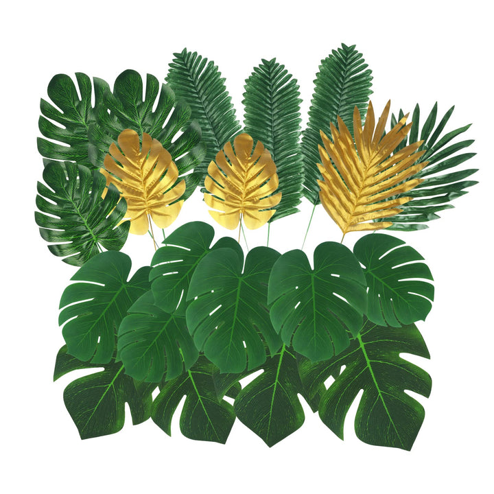 74 Pieces 9 Kinds Artificial Palm Leaves Golden Tropical with Stems Safari Jungle for Hawaiian Luau Party Beach Baby Shower Wedding Birthday Decorations (LYS01)