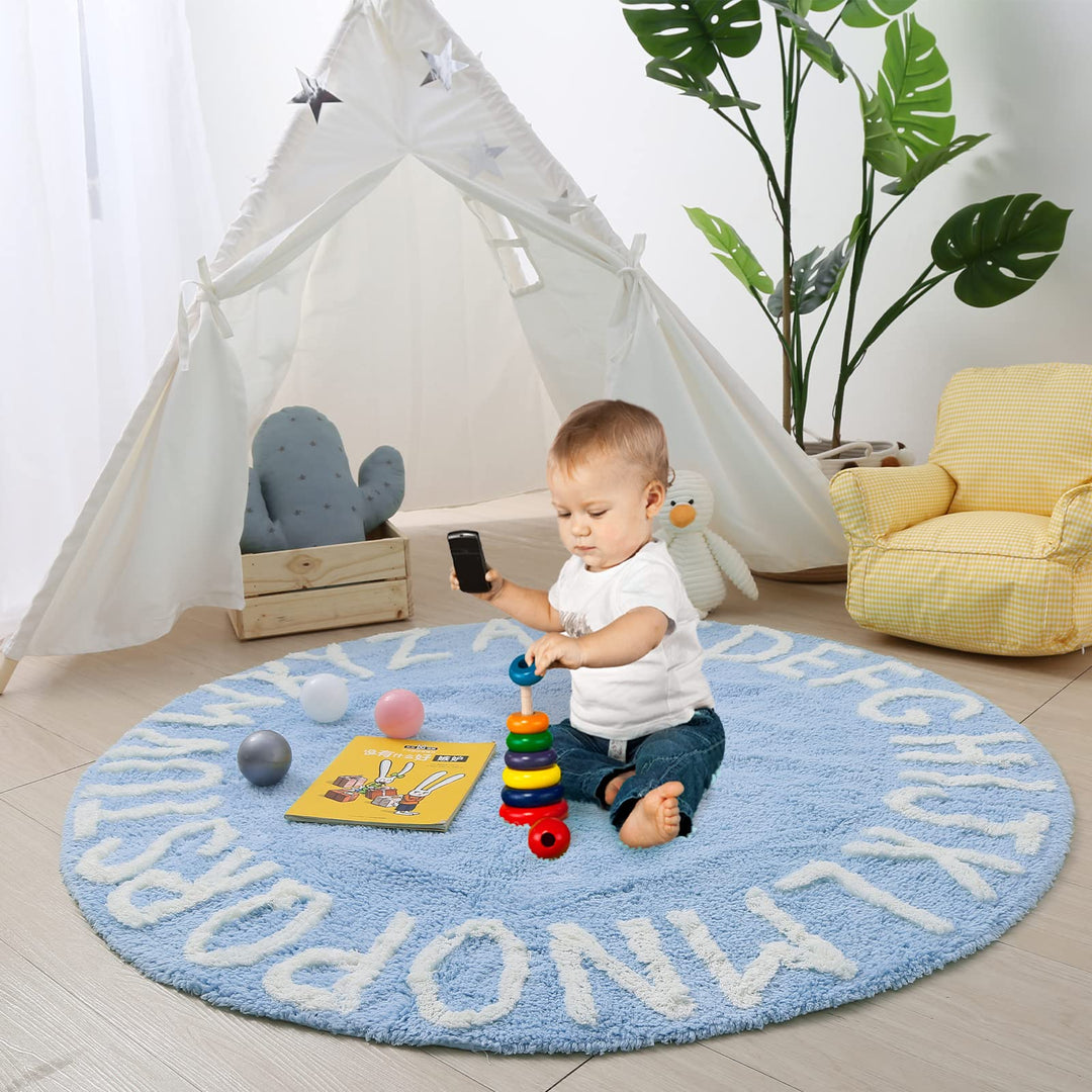ABC Rug for Kids Room Circle Nursery Rug for Baby Boy and Girl - Neutral Cotton Alphabet Rug Round Kids Rug Toddler Playroom Rug, Letter Reading Carpet 47 Inches