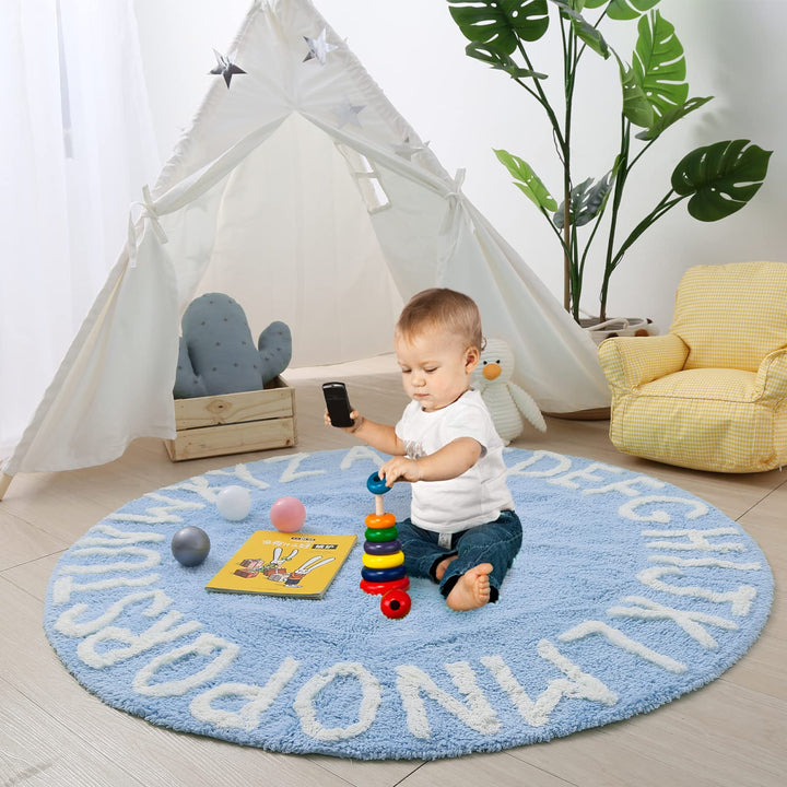 ABC Rug for Kids Room Circle Nursery Rug for Baby Boy and Girl - Neutral Cotton Alphabet Rug Round Kids Rug Toddler Playroom Rug, Letter Reading Carpet 47 Inches