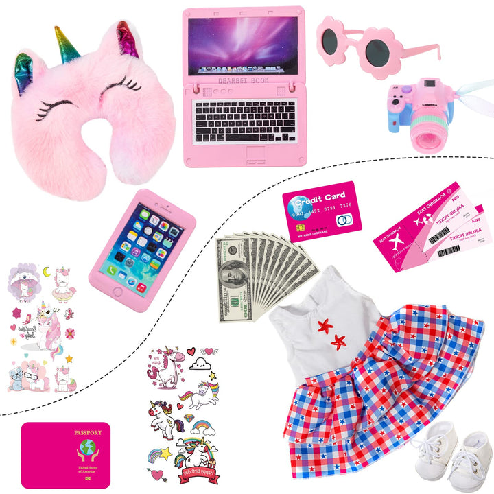 American 18 inch Doll Clothes and Accessories - Doll Travel Suitcase Play Set Including Suitcase Doll Clothes, Shoes, Sunglasses, Camera, Unicorn Pillow, for 18 inch Doll(No Doll)