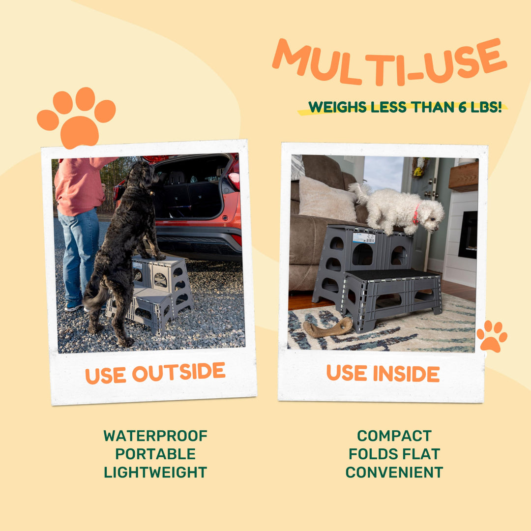 2 Step Folding Dog Stairs &amp; Ramp for Your Pet - Indoor Outdoor Foldable Pet Stairs for High Bed, Car, SUV – Collapsible Step Stool Ladder Supports 300lbs