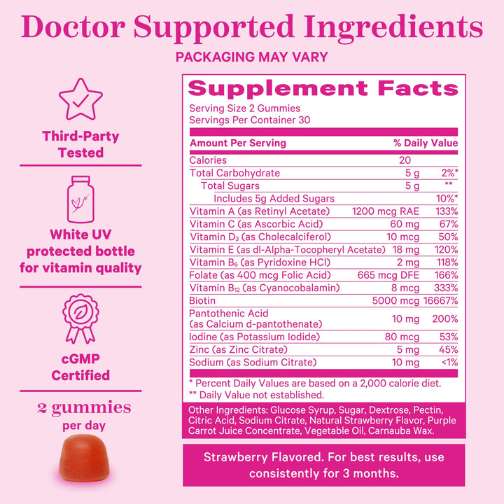 Total Glow Gummies - Hair, Skin, and Nails Vitamins - 11 Vitamins &amp; Nutrients - Biotin, Vitamin A, B6, B12, Folate - Beautiful Hair, Radiant Skin, and Strong Nails - 60 Berry Biotin Gummies
