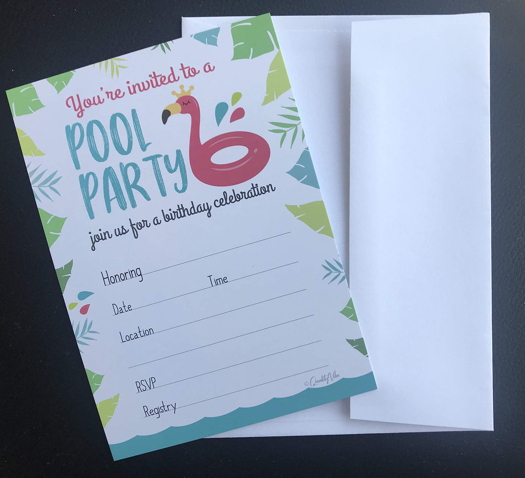 25 Pool Party Birthday Invitations with 25 White envelopes. This Summer Pool Theme Birthday invites Style has Flamingo &amp; Water Splash. Your Kids Summer Pool Party bash Starts with This Invitations.