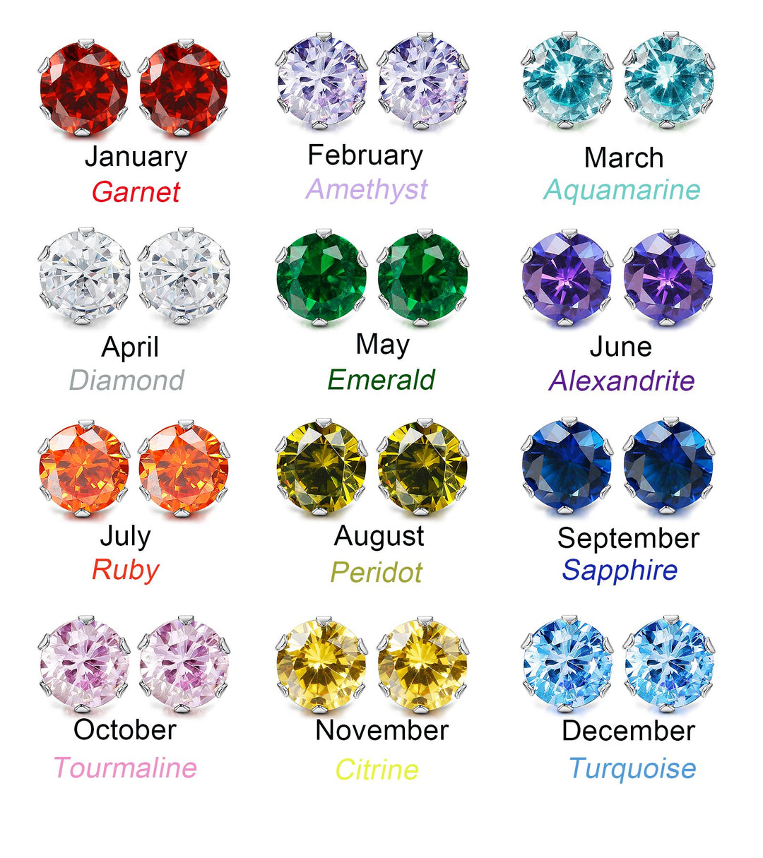 12 Pairs Stainless Steel Brilliant Cut Round Cubic Zirconia Birthstone Stud Earrings for Women 5mm