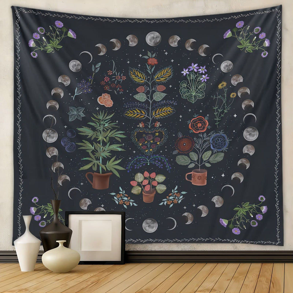 Plant Tapestry, Nature Moon Phase Tapestry Wall Hanging, Bohemian Mandala Tapestry Aesthetic Bedroom Decor, Botanical Tapestries Suitable For Bedroom Home Dorm-50 X 60