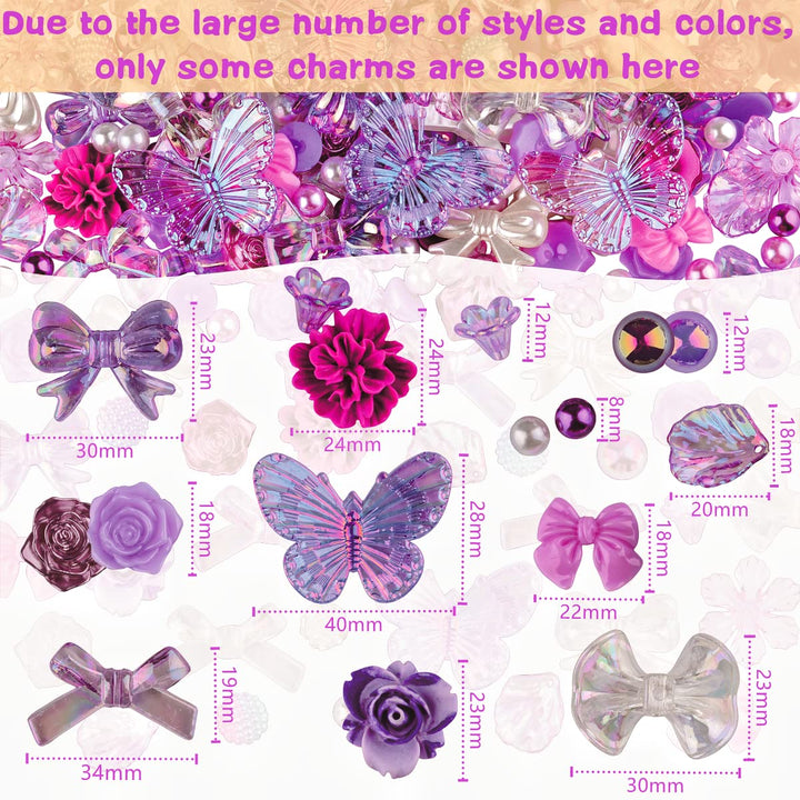 Kikonoke 350 Pieces 3D Resin ABS Colorful Rose Flower Bows Butterfly Charms with Flatback Half Round Pearl Beads for Bracelet Earring Necklace Craft DIY Making Supplies (Purple)