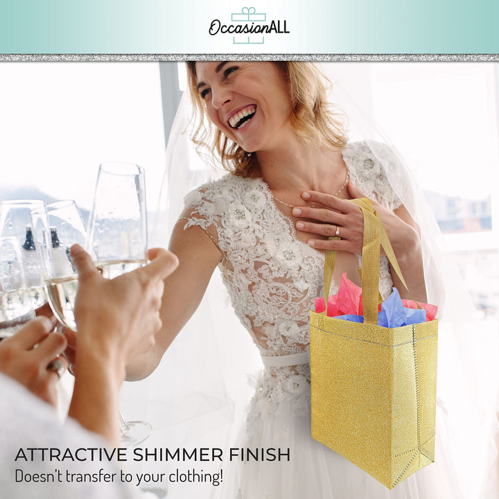 OccasionALL Gold Gift Bags 8x4x10 12 Pack Medium Reusab