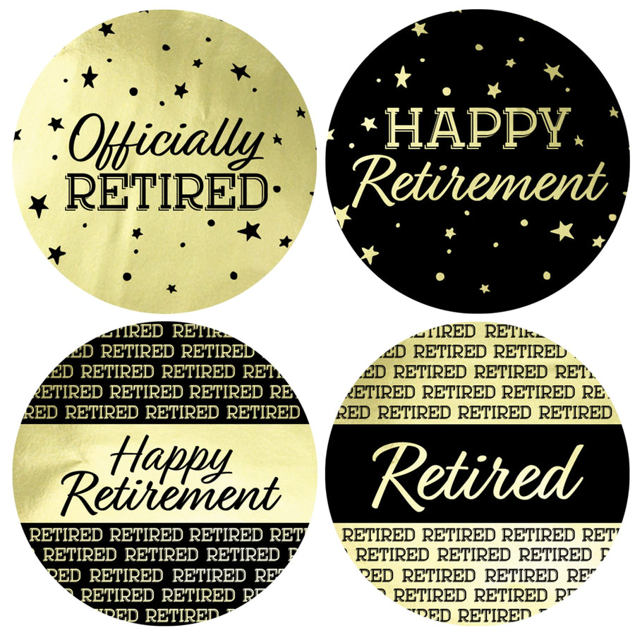 Black and Gold Retirement Party Favor Labels - 1.75 in Shiny Foil - 40 Stickers