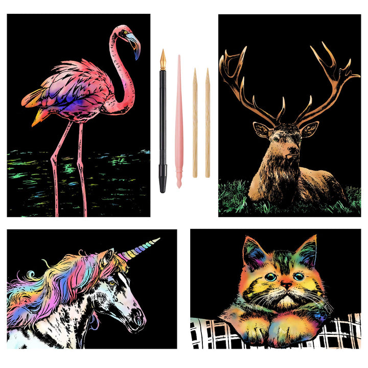 Scratch Art Rainbow Painting Paper, Craft Art Set: 4 Sheets (A4) with 4 Tools, DIY Scratchboard Crafts Womens Hobbies, Engraving Arts for Adults Scratch Painting Christmas Birthday Party Gift