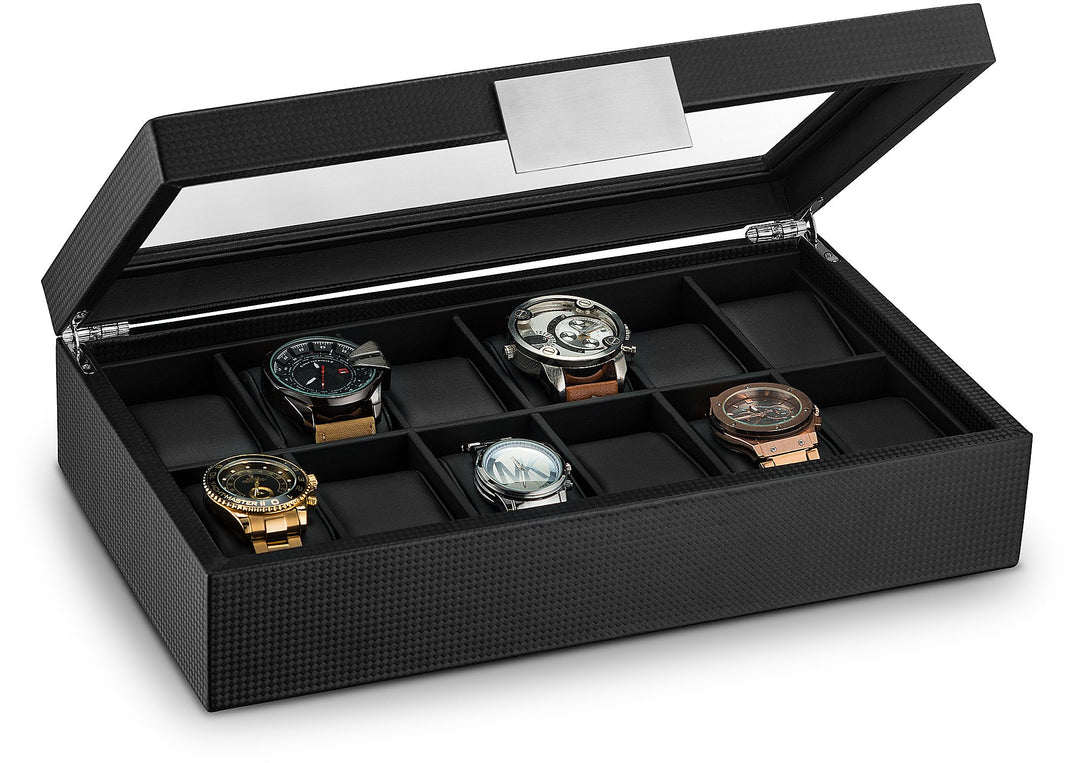Glenor Watch Box For Men - 12 Slot Luxury Carbon Fiber Design Display Case, Large Holder, Metal Buckle -Black By