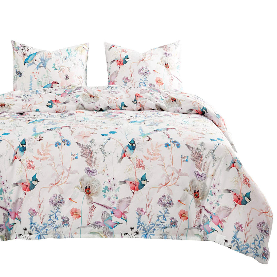 - Bird Comforter Set, Colorful Floral Flowers Leaves Botanical Plant Pattern Printed, Soft Lightweight Bedding, 3 Pieces, Lilac Blue, Queen Size