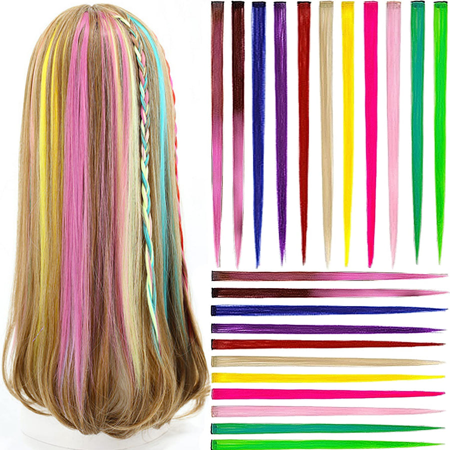 22PCS Colored Hair Extension Wig Piece Accessories with Clips 21 inch Straight 11 Colored fake hair Rainbow Holiday Party costume Colorful Wigs Hairpieces for Girls, Teens, Women, Cosplay, Gifts (Mix)