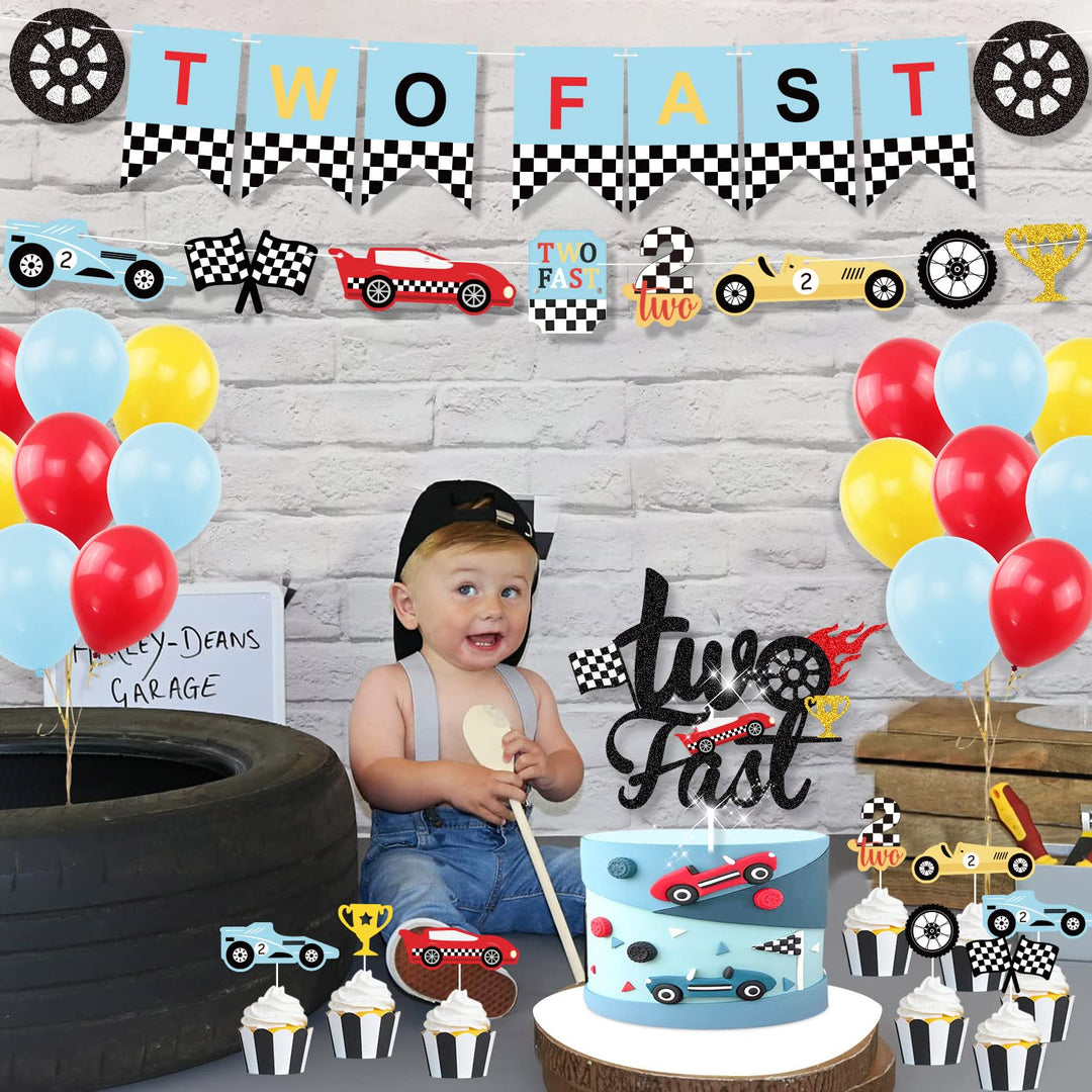 Race Car Two Fast Party Decorations Supplies Racing Theme 2nd Birthday Party Banner Race Car Second Birthday Cake Topper Checkered Flags Balloons for Let&#39;s go Racing Theme Sports Event Party Supplies