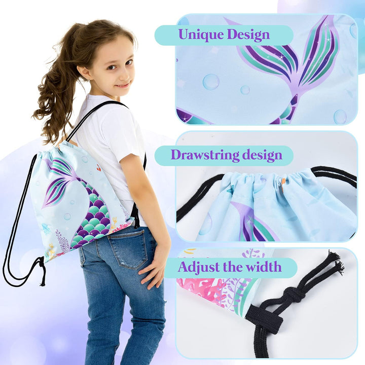 Mermaid Drawstring Backpack - Mermaid Gifts for Girls Birthday Christmas 9 PCS Drawstring Bags Set Including Makeup Zipper Bag Sequin Key-chain Necklace Bracelet Hair Ties