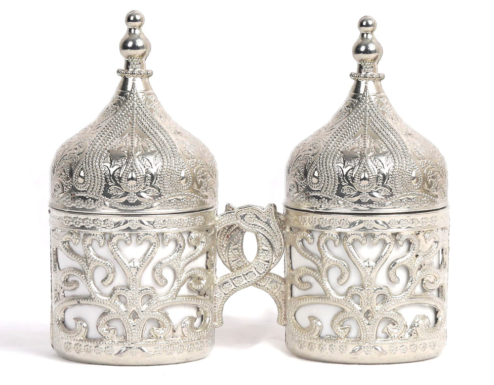 Kuchengerate 2pcs Turkish Greek Arabic Moroccan Coffee Cups - Espresso Cup with Inner Porcelain Metal Holder Plate and Lid - 2 Cups Consists of 8 Pcs (Z-Silver)