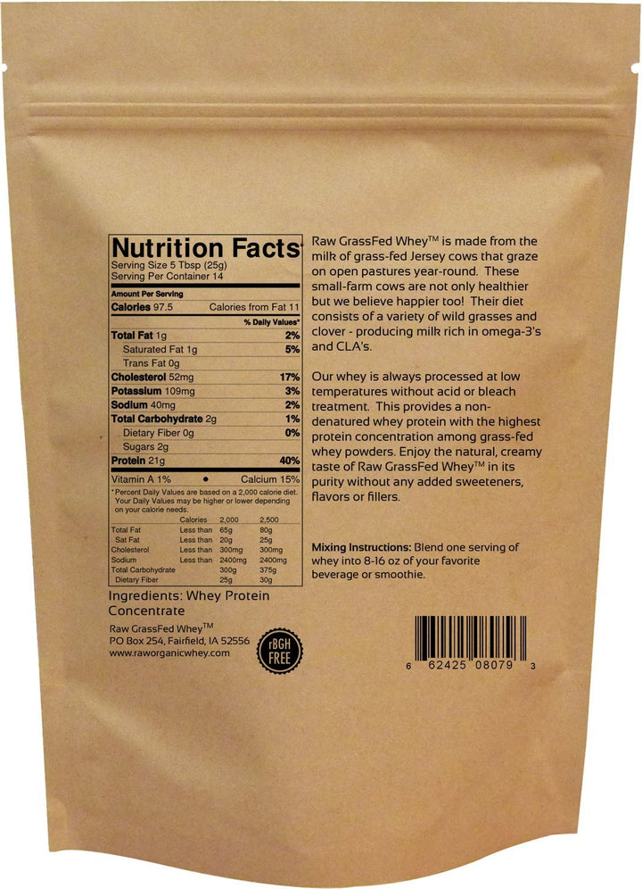Raw Grass Fed Whey - Happy Healthy Cows, COLD PROCESSED Undenatured 100% Grass Fed Whey Protein Powder, GMO-Free + rBGH Free + Soy Free + Gluten Free + No Added Sugar, Unflavored, Unsweetened (12 OZ)