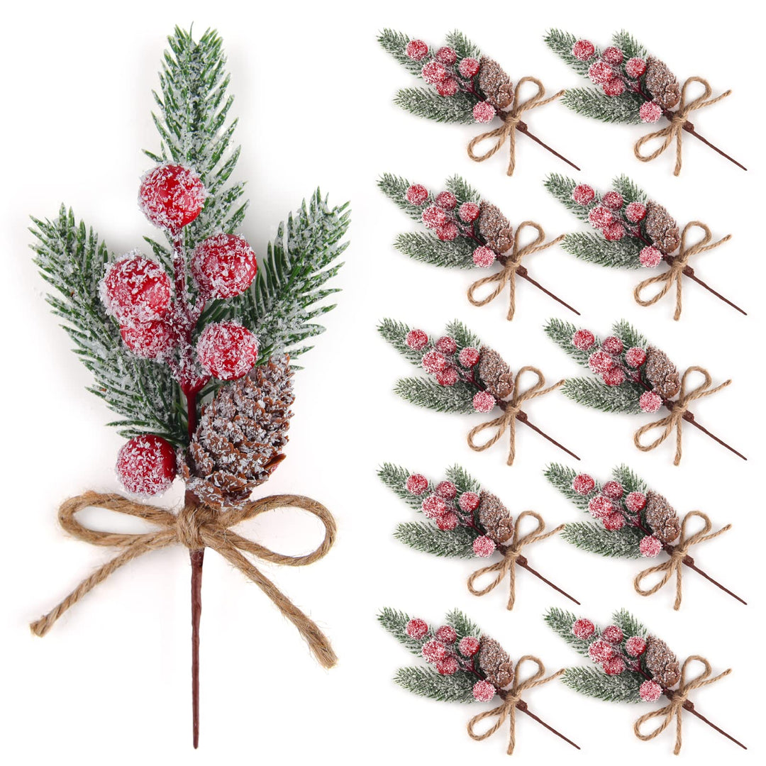 10 Pcs Christmas Picks Decorations Artificial Pine Branches Stems Spray with Pine Cones Faux Pine Picks Red Berry Holly Leaves for Craft Floral Christmas Wreath Picks Ornaments, Red