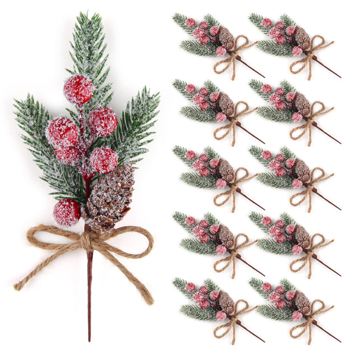 10 Pcs Christmas Picks Decorations Artificial Pine Branches Stems Spray with Pine Cones Faux Pine Picks Red Berry Holly Leaves for Craft Floral Christmas Wreath Picks Ornaments, Red