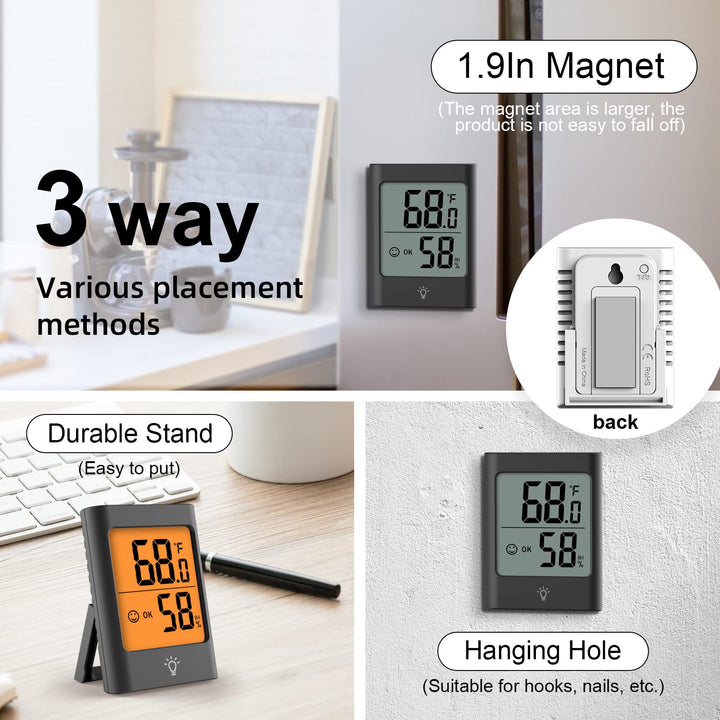 Indoor Thermometer for Home, 2pack Hygrometer Humidity Meter Humidity Sensor with Backlight for Bedroom Greenhouse Garage.
