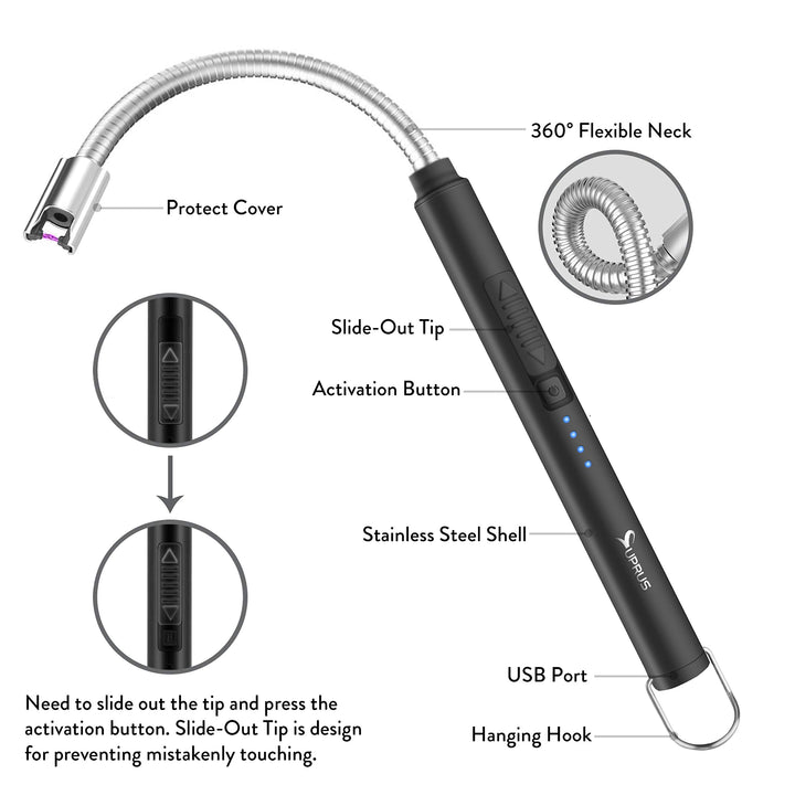 SUPRUS Electric Lighter Candle Lighter USB Type C Rechargeable Lighter Steel Shell & Hanging Hook with 360° Flexible Neck(Black)