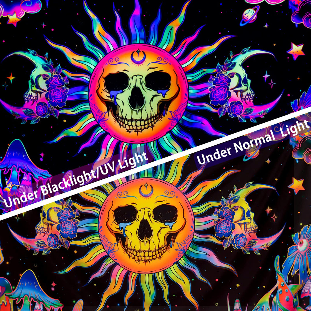 Blacklight Sun and Moon Tapestry UV Reactive Burning Sun Skull Mushroom Tapestry Neon Galaxy Poster Tapestry Art for Home Dorm Decor W59.1 × H51.2