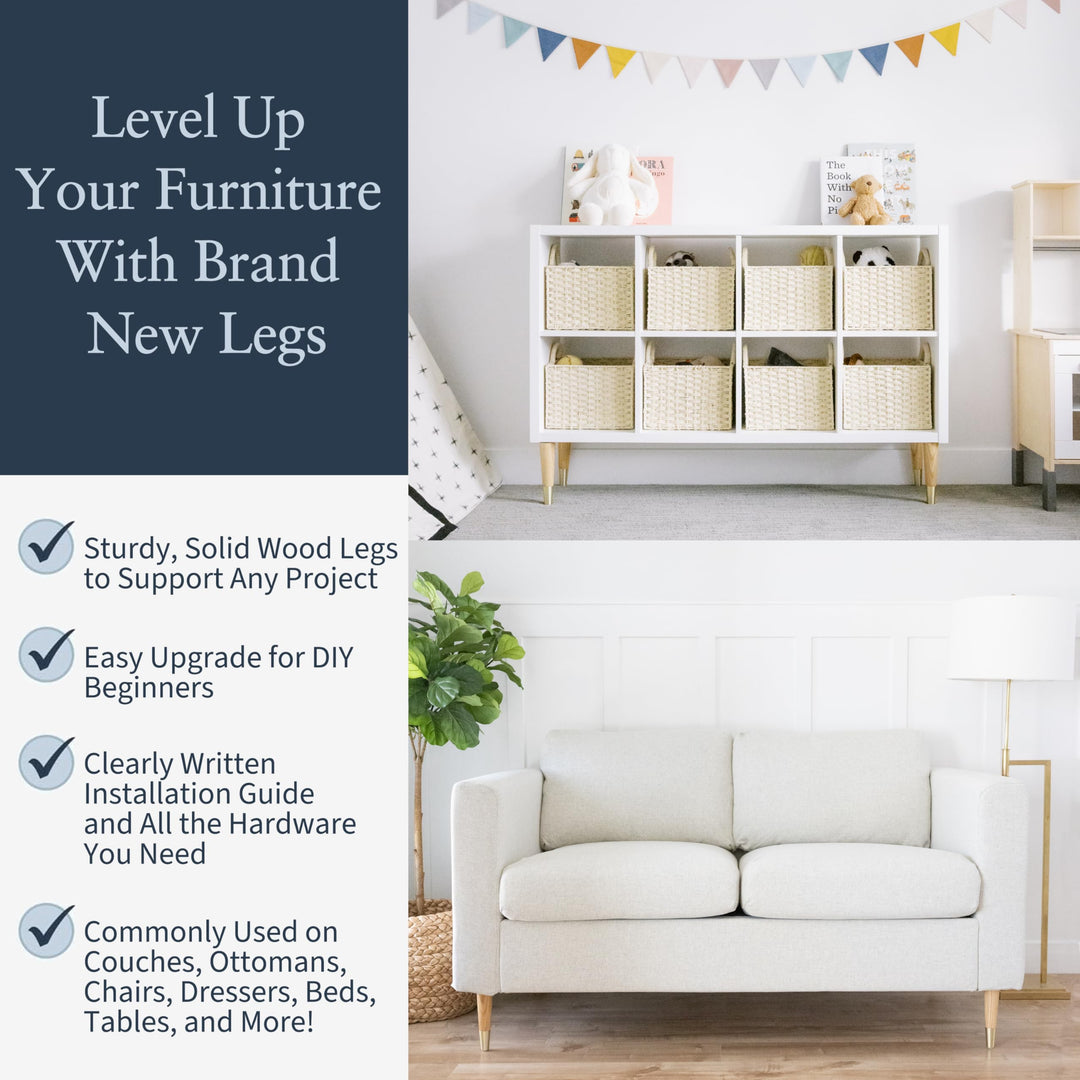 Ash Wood Furniture Legs With Gold Caps - Mid Century Legs For Sofa, Chair, Table, Dresser, Bed, Cabinet, Ottoman - Wooden Legs Are Easy To Install &amp; Include Installation Hardware - Set of 4, 6 Inches