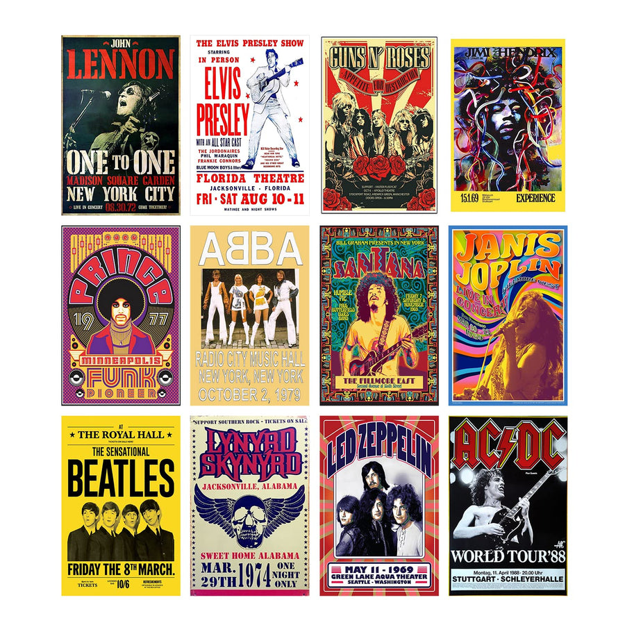 Woonkit Vintage Rock Band Posters for Room Aesthetic, 70s 80s 90s Retro Music Room Wall Bedroom Decor Wall Art, Vintage Rock Band Music Concert Poster Wall Collage, Old Music Album Cover Prints (12