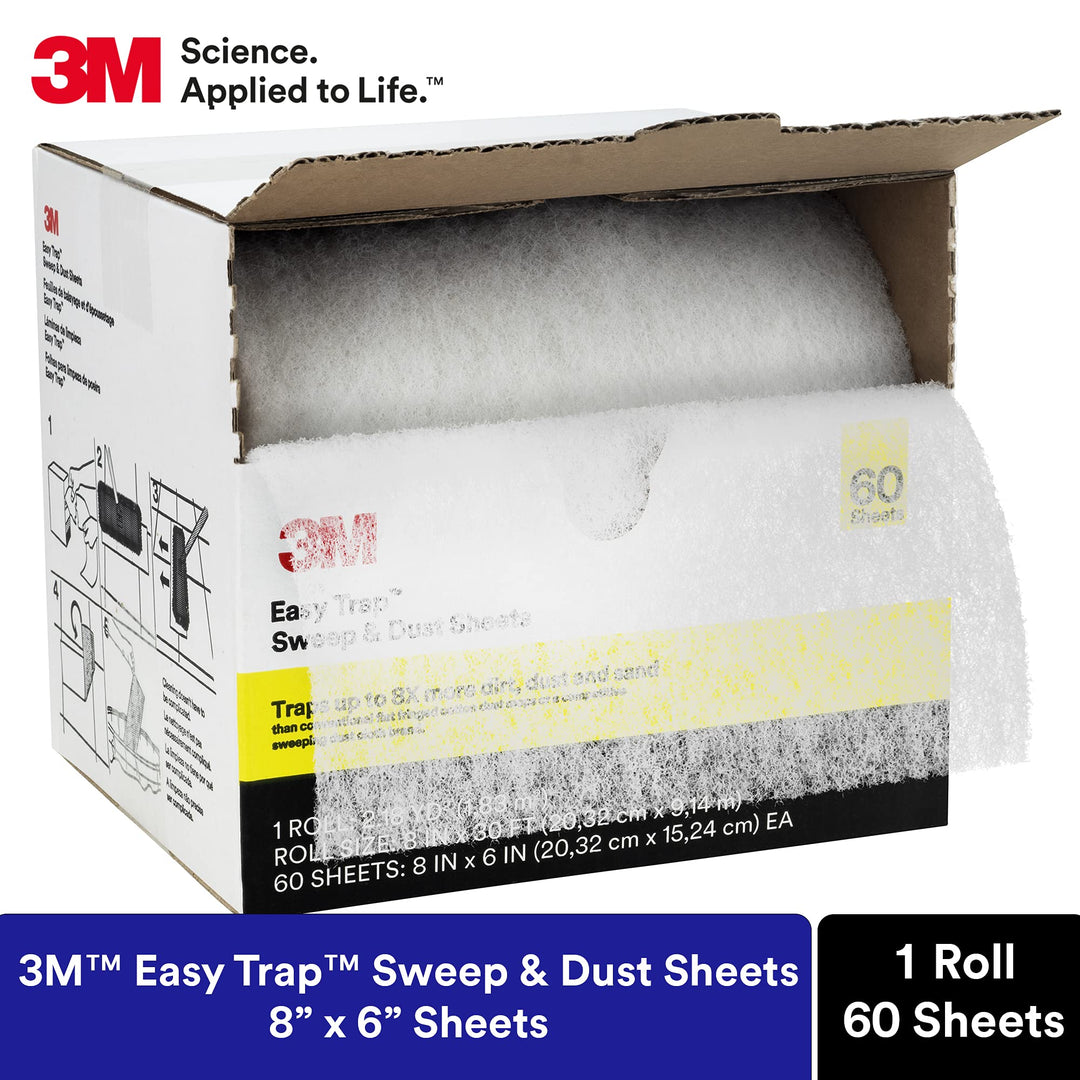 3M Easy Trap Sweep and Dust Sheets, 1 Roll of 60 8 x 6 Sheets, Disposable Easy Sweep Floor Duster, Picks Up 8x More Dirt, Dust, Sand, Hair, Works on Dry or Wet Surfaces, Hardwood Floors, 59152W