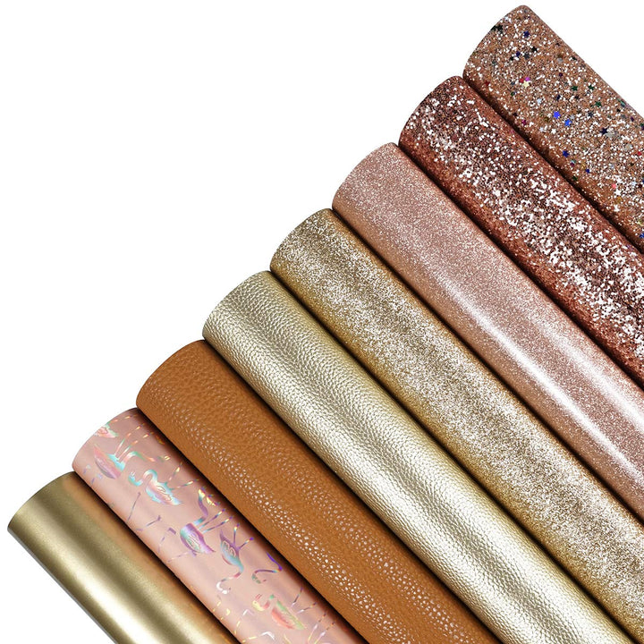 8 Pieces 8x12 Inch Faux Leather Sheets Champagne Gold Fine Chunky Glitter Patent Metallic Litchi Flamingo Pattern Leather Fabric for Bows Earrings Making