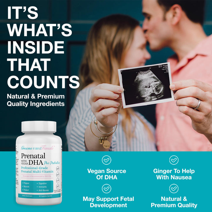 Female Prenatal Vitamin with Vegan DHA - Pregnancy Multivitamin Supplement - Supports Healthy Fetal Development - Natural Ingredients - with Ginger - 90 Capsules