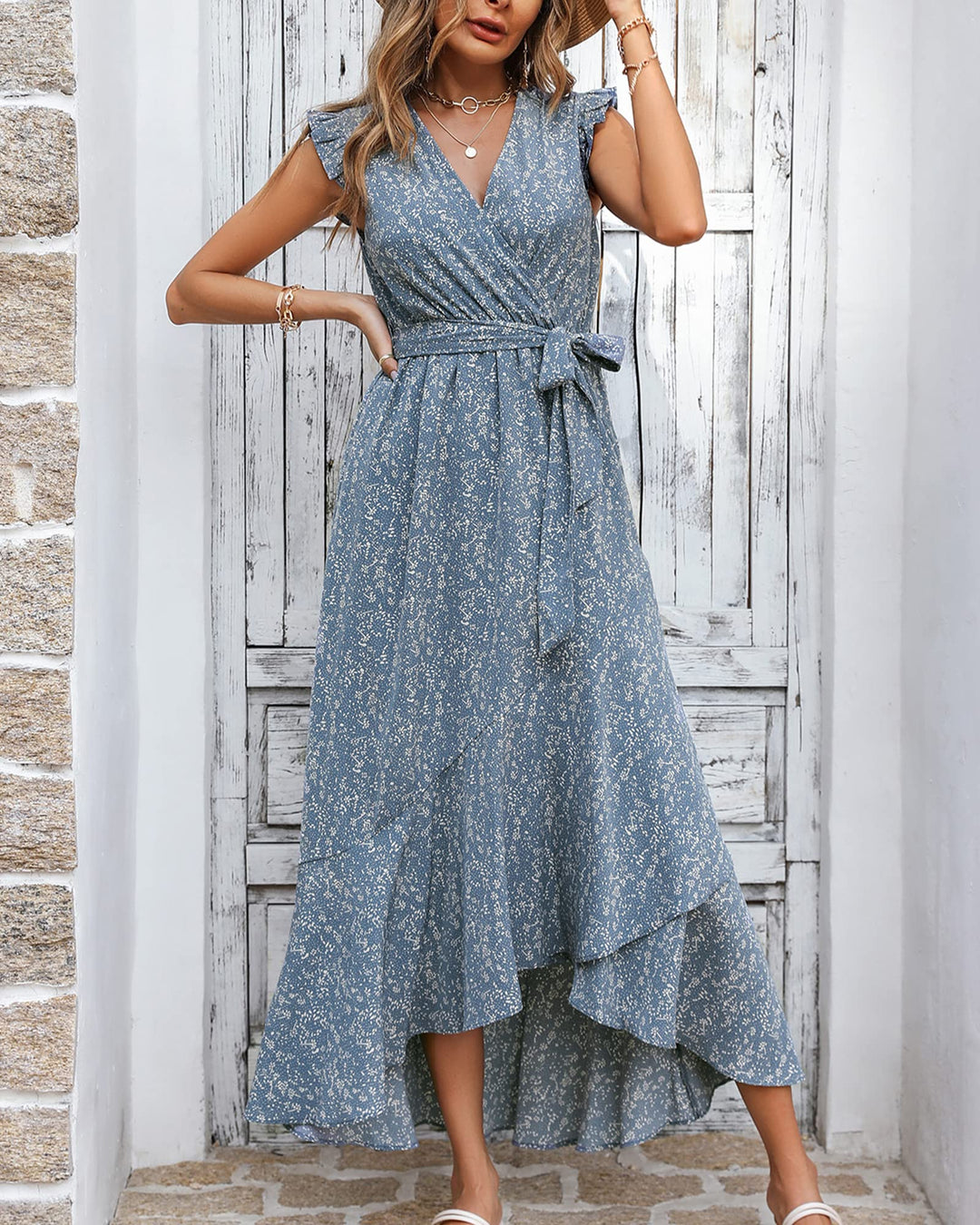 BTFBM Women Summer Dresses 2024 Ruffle Cap Sleeve V Nec
