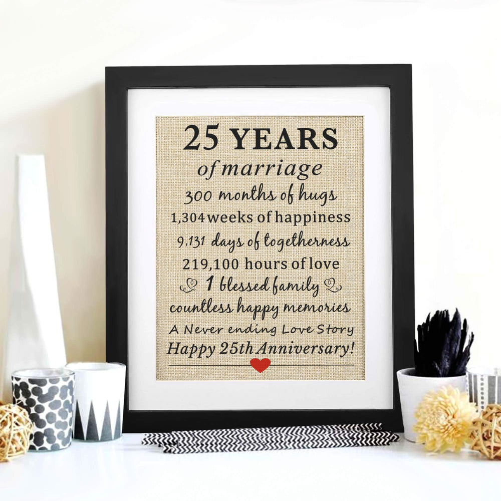 Framed 25th Wedding Anniversary Burlap Gift 11 W X 13 H, Happy 25th Anniversary for Wife Husband 25th Wedding Anniversary Decorations Gifts for Parents 25th Anniversary