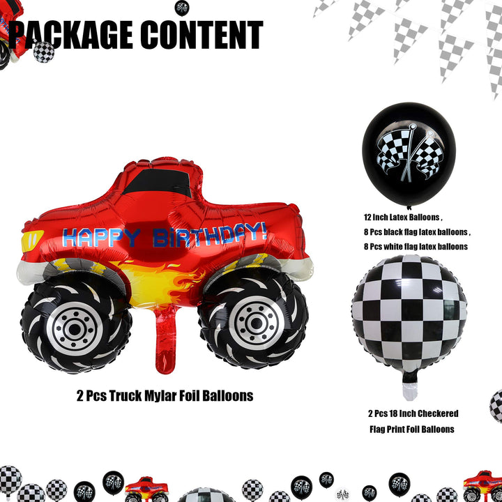 2 Pcs Monster Truck Mylar Foil Balloons Checkered Racing Car Flag Latex Happy Birthday Balloon Decoration kit