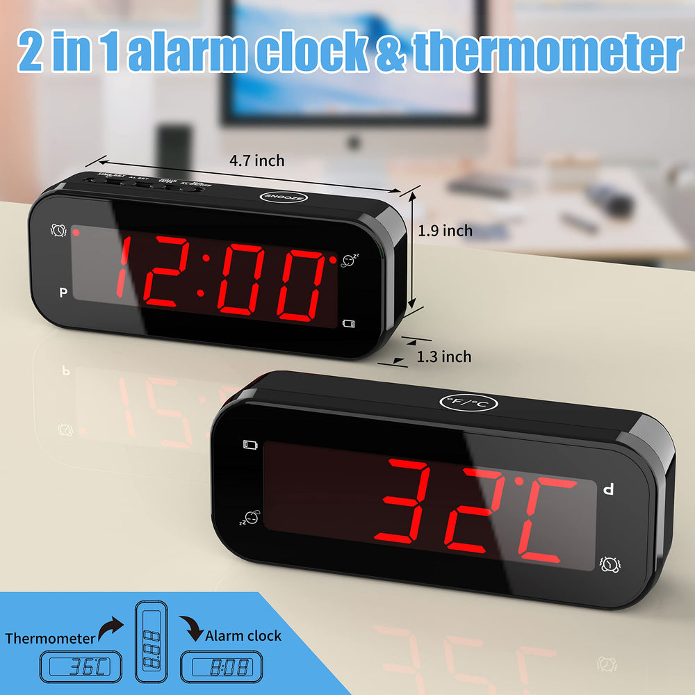 2 in 1 Alarm Clock, Indoor Thermometer, Digital Clock,Turn it Over, Temperature Display, 12/24Hr, °C / °F, Adjustable Brightness, Snooze, Battery Operated, Travel Clock, Alarm Clock for Bedroom