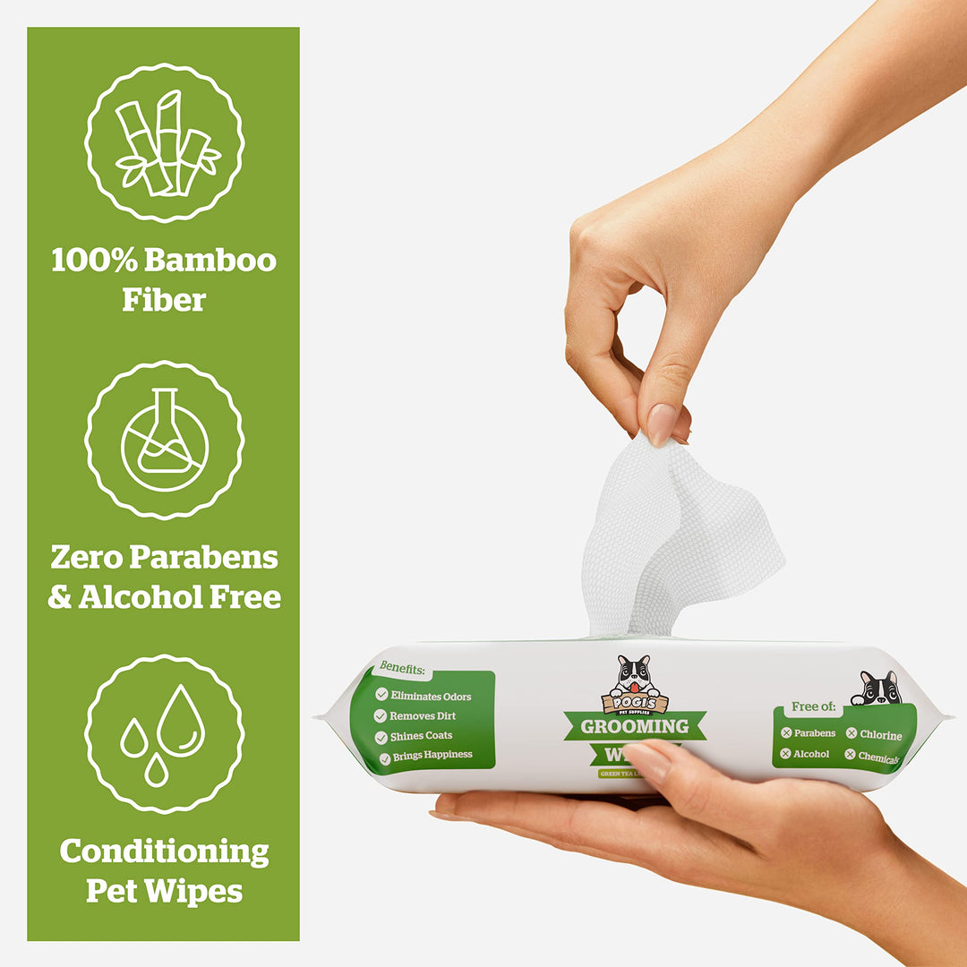 Pogi&#39;s Dog Grooming Wipes - 100 Dog Wipes for Cleaning and Deodorizing - Plant-Based, Hypoallergenic Pet Wipes for Dogs, Puppy Wipes - Quick Bath Dog Wipes for Paws, Butt, &amp; Body - Green Tea Scented