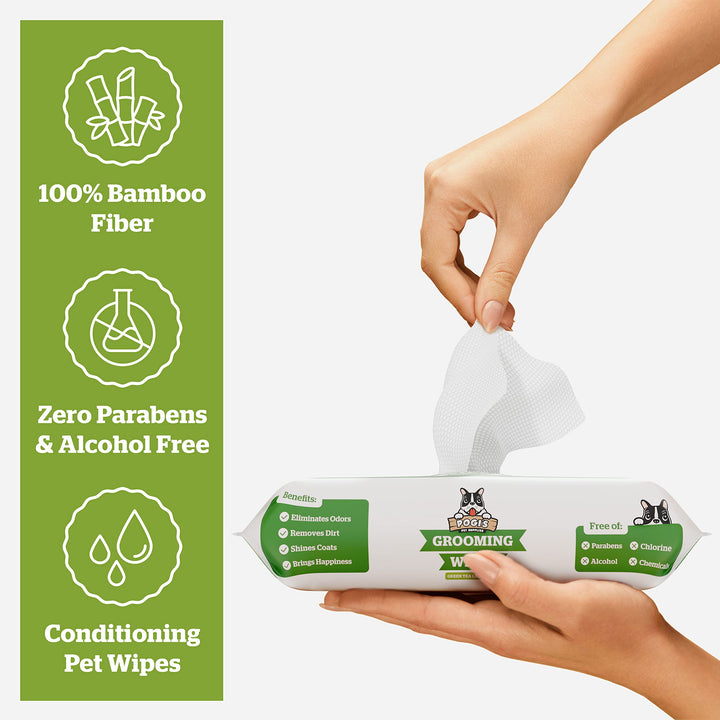 Pogi&#39;s Dog Grooming Wipes - 100 Dog Wipes for Cleaning and Deodorizing - Plant-Based, Hypoallergenic Pet Wipes for Dogs, Puppy Wipes - Quick Bath Dog Wipes for Paws, Butt, &amp; Body - Green Tea Scented