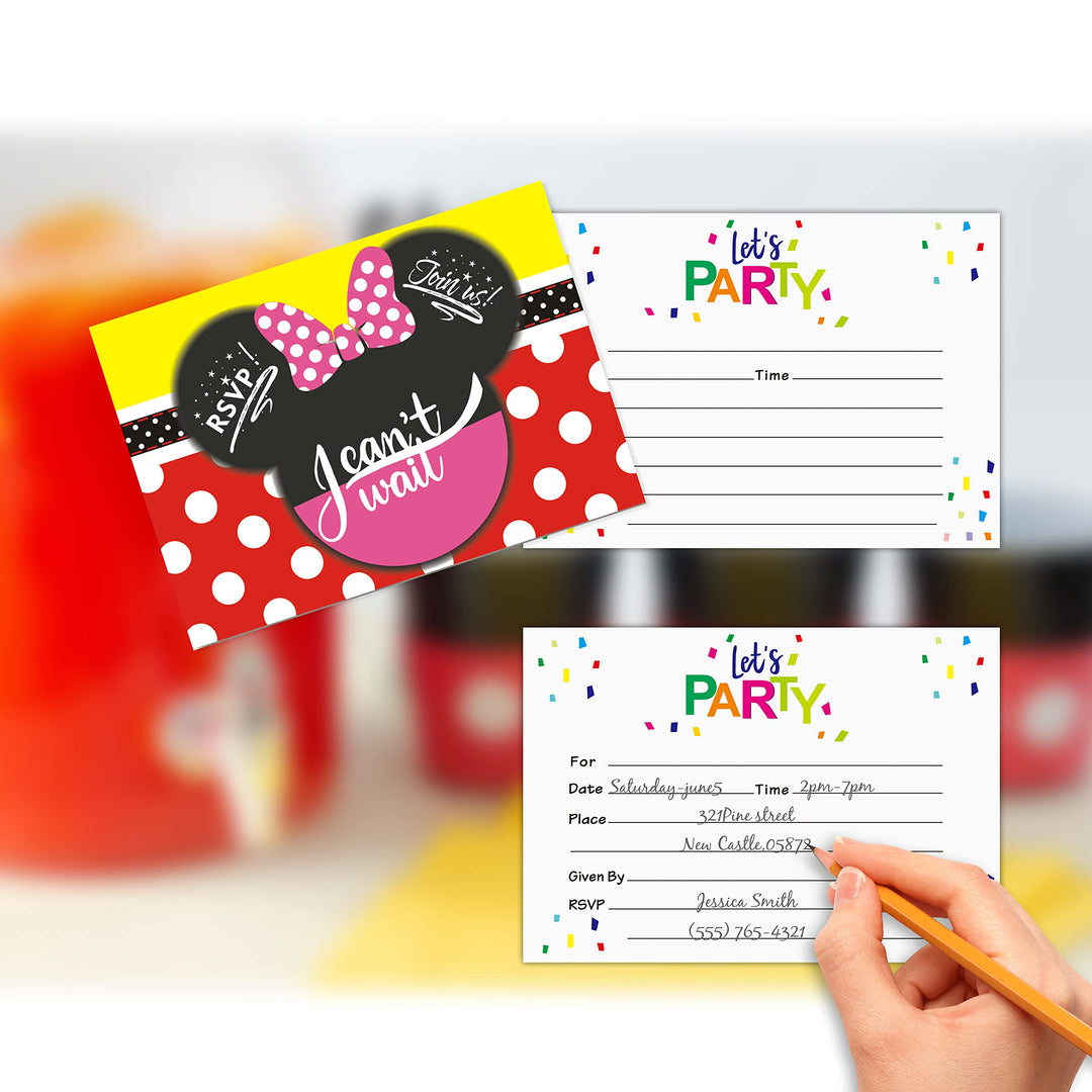 30Pcs Invitations Cards with Envelopes for Kids Birthday Baby Shower Mickey and Minnie Theme Party Supplies