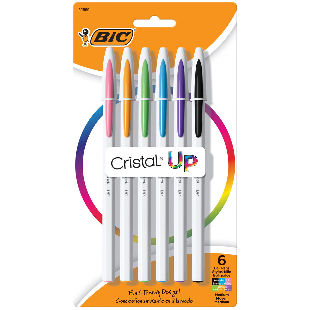 BIC Cristal Up Ballpoint Pen, Medium Point (1.2mm) Distributes Ink Evenly, Assorted Colors, 6-Count