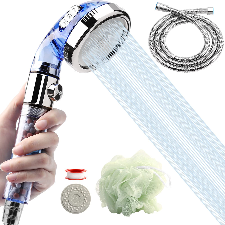 Modern Shower Head with Hose, 4 Spray Settings, 30% Water Saving, Mineral Stone Beads Filtration, 60 Long
