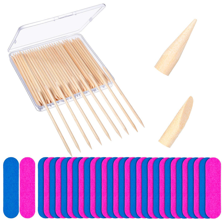 200 Pieces Nail Art Pedicure Tools, Include 100 Pieces Wooden Cuticle Sticks and 100 Pieces Mini Nail Files Disposable for Women, Plastic Case Package