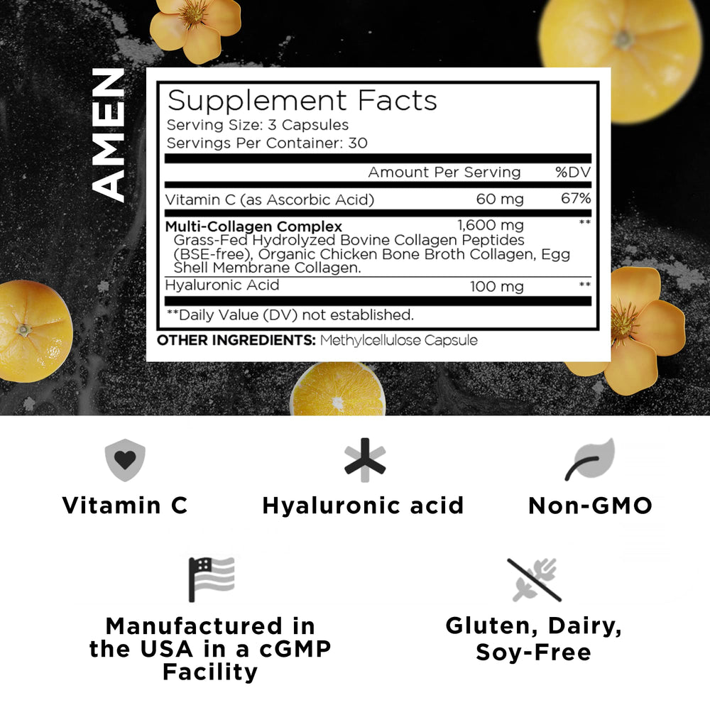 Multi Collagen Peptides Capsules with Hyaluronic Acid and Vitamin C - 5 Types of Collagen Protein Type I, II, III, V, X - Grass Fed Hydrolyzed - 18 Amino Acids - Collagen Supplement - 90 Pills