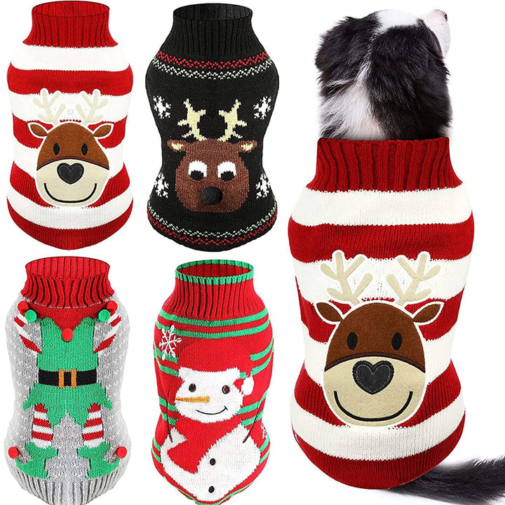 4 Pieces Christmas Santa Dog Sweaters Puppy Knitted Sweaters Holiday Pet Clothes with Reindeer Snowman Elf Elk Patterns for Dog Puppy Cat (Small)