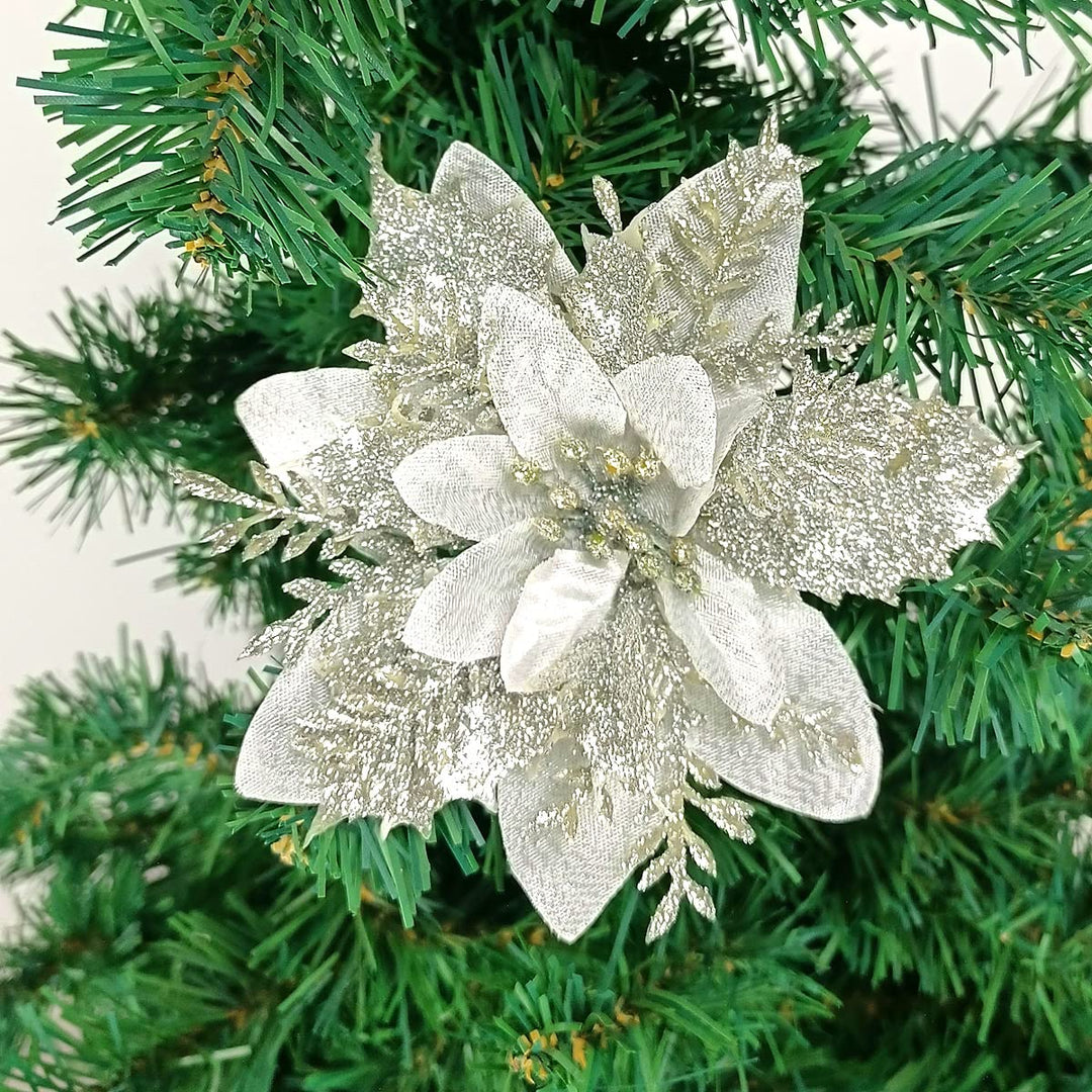 Pack of 12 Silver 5 Inch Glitter Flower Shape Christmas