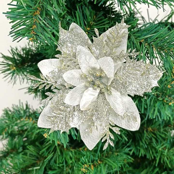 Pack of 12 Silver 5 Inch Glitter Flower Shape Christmas