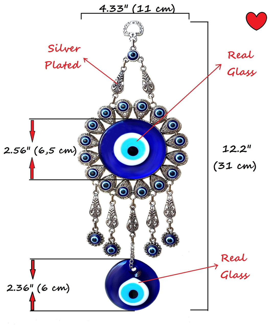 Evil Eye Wall Hanging: Large Double Blue Glass Ornament with Keychain - Turkish Greek Eye - Nazar Bead - Metal Home Decoration - Jewish Good Luck House Charm - Evil Eye Wall Decor