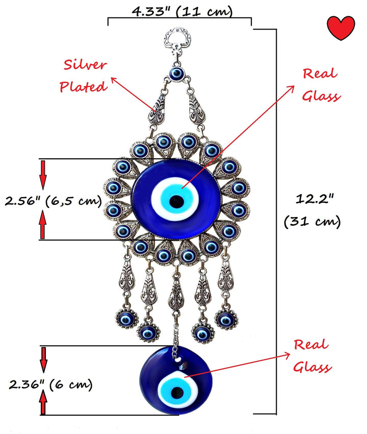 Evil Eye Wall Hanging: Large Double Blue Glass Ornament with Keychain - Turkish Greek Eye - Nazar Bead - Metal Home Decoration - Jewish Good Luck House Charm - Evil Eye Wall Decor