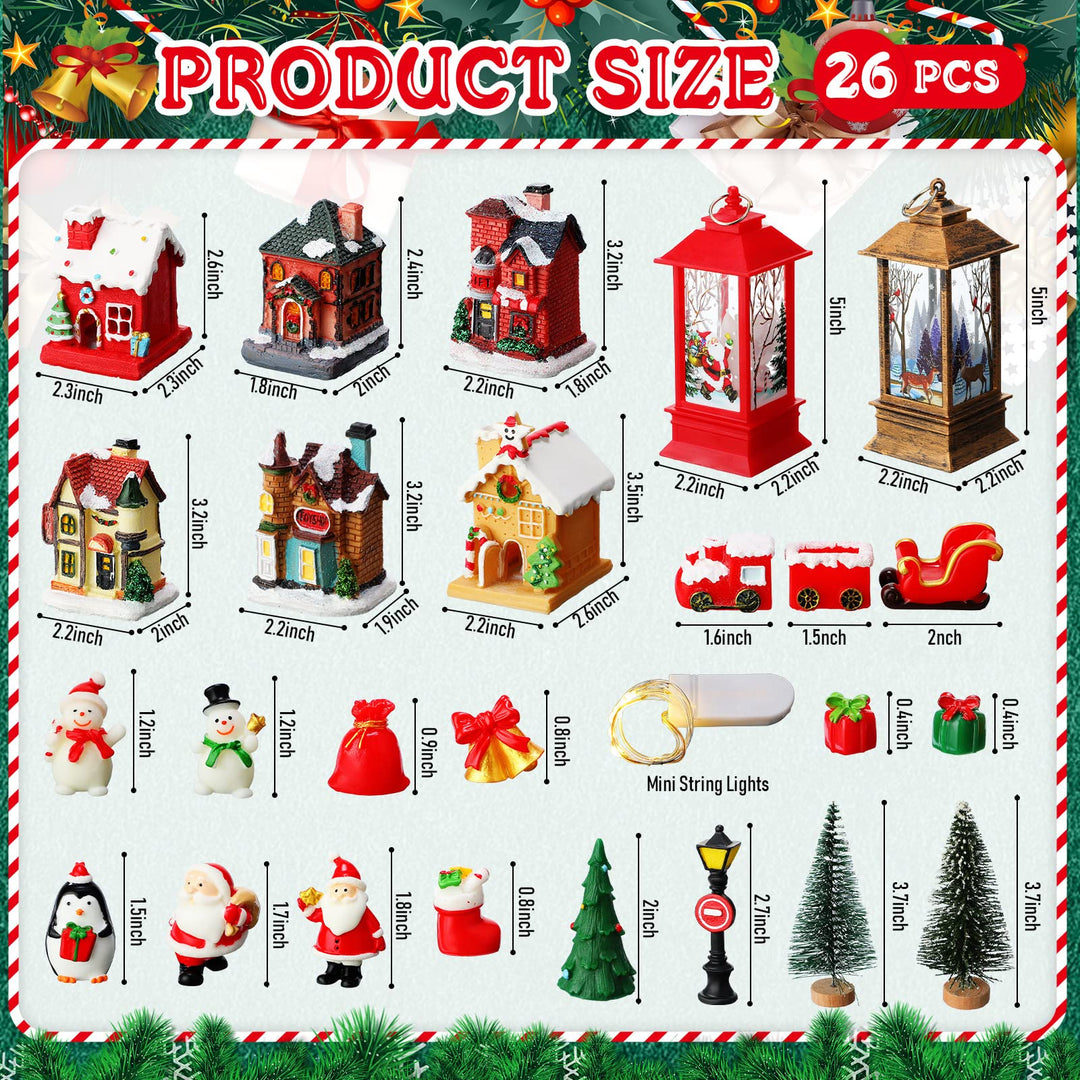 26 Pieces Christmas Village Sets Lighted Christmas Village Houses Xmas Light up Decorations Mini Village Accessories Christmas Collectible Buildings for Xmas Winter Decorations