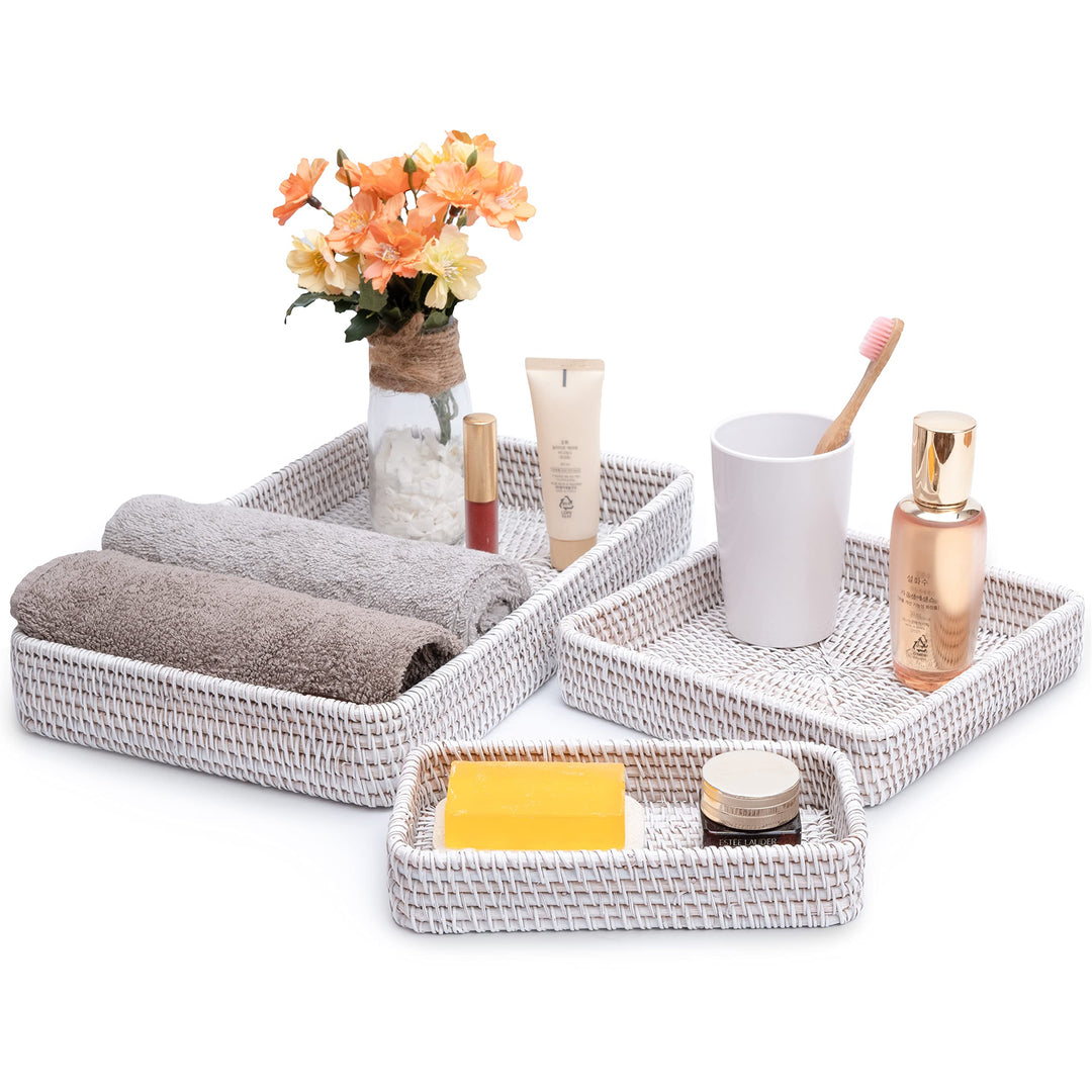 Wicker Baskets Trays Rattan Serving Tray Rectangle Vanity Basket Set of 3 for Bathroom Woven Storage and Organizer for Kitchen Coffee Table Trays for Living Room Home Deco (White Wash)