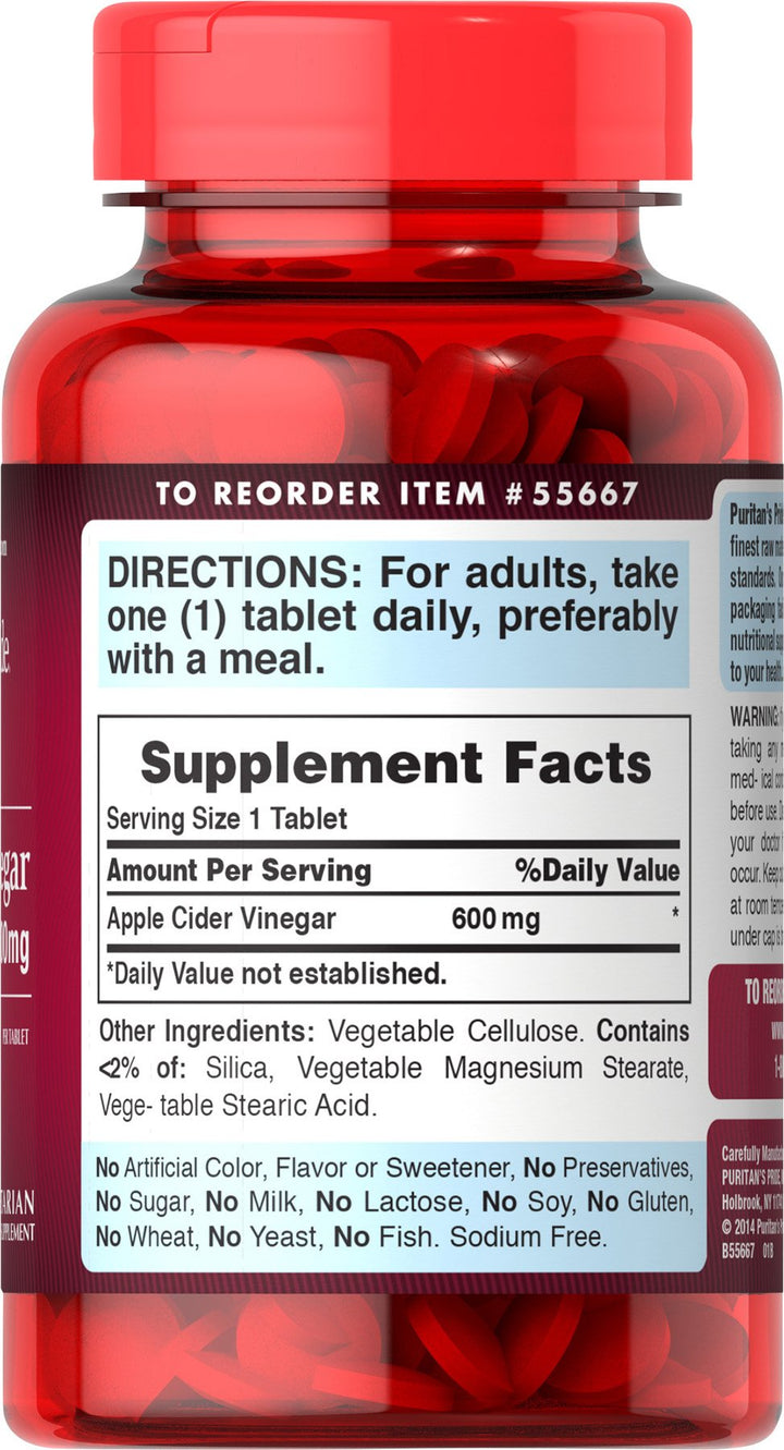 Puritans Pride Apple Cider Vinegar 600 mg Tablets, 200 