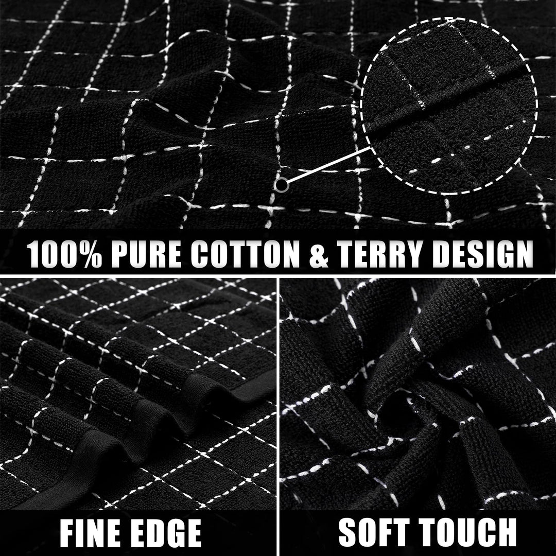 100% Cotton Terry Kitchen Towels, 16 x26 Inches, Super Soft and Absorbent Dish Towels for Kitchen, Checkered Designed Hand Towels for Kitchen, 4 Pack, Dark Grey